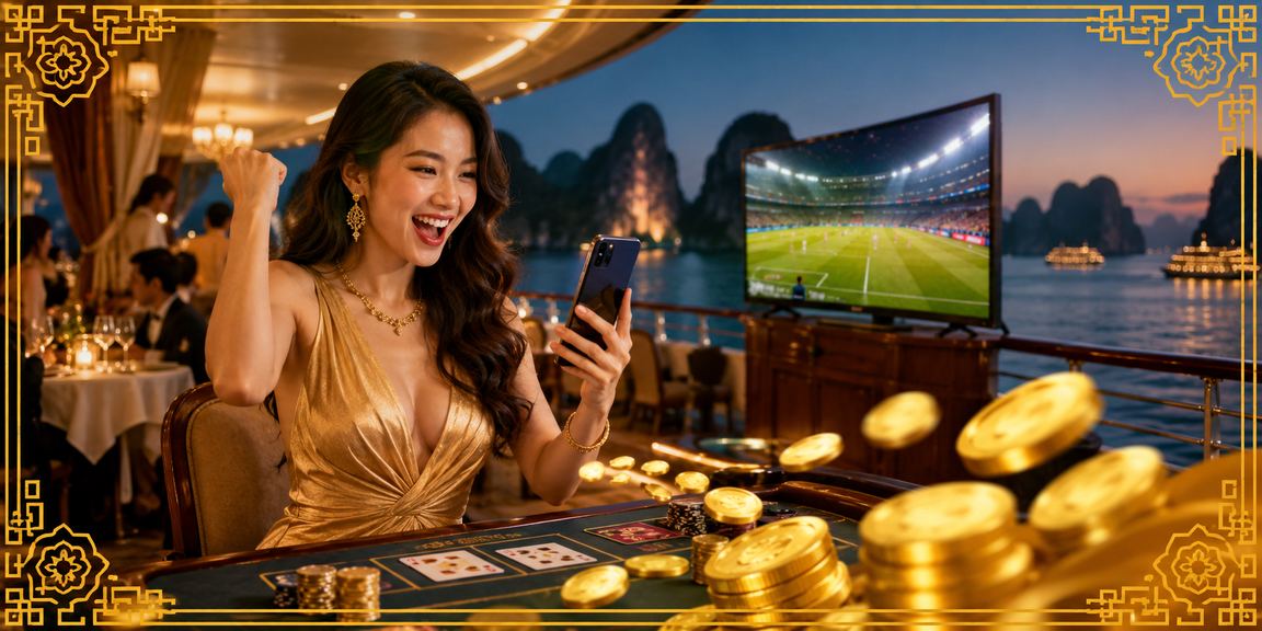 Thành viên VIP thưởng thức baccarat live casino với khung cảnh vịnh Hạ Long tuyệt đẹp phía sau