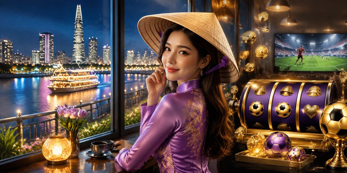 Người dùng TP. HCM mặc áo dài chơi slot game trên điện thoại trong không gian hiện đại